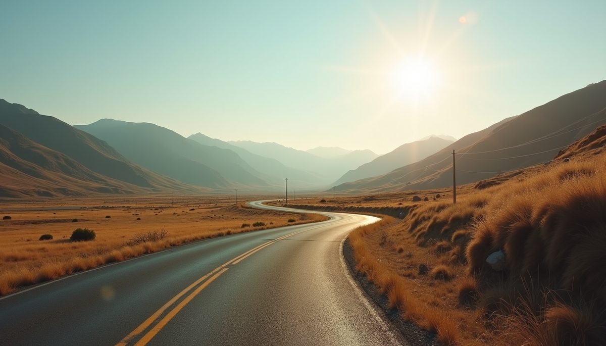 Wide angle view of a peaceful landscape with a winding road