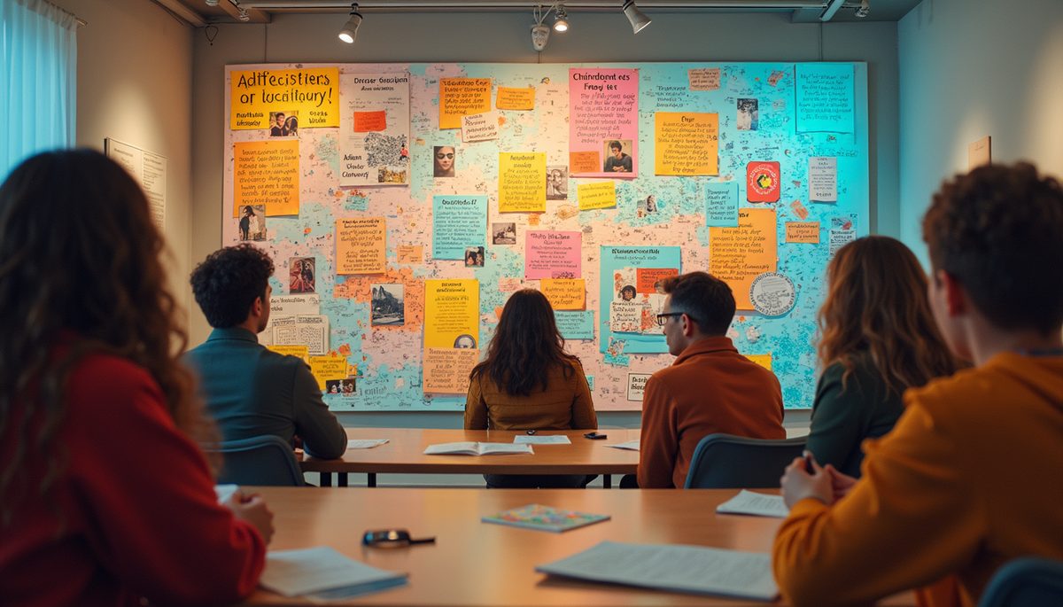 Eye-level view of a colorful vision board created by a group