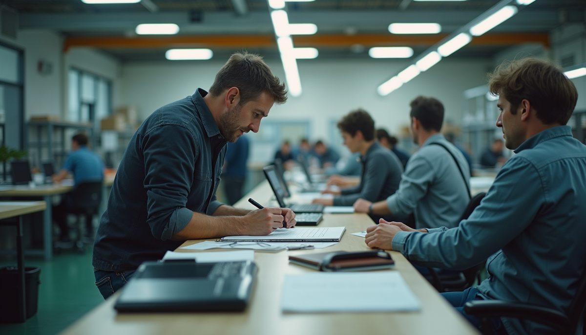 High angle view of a focused work environment