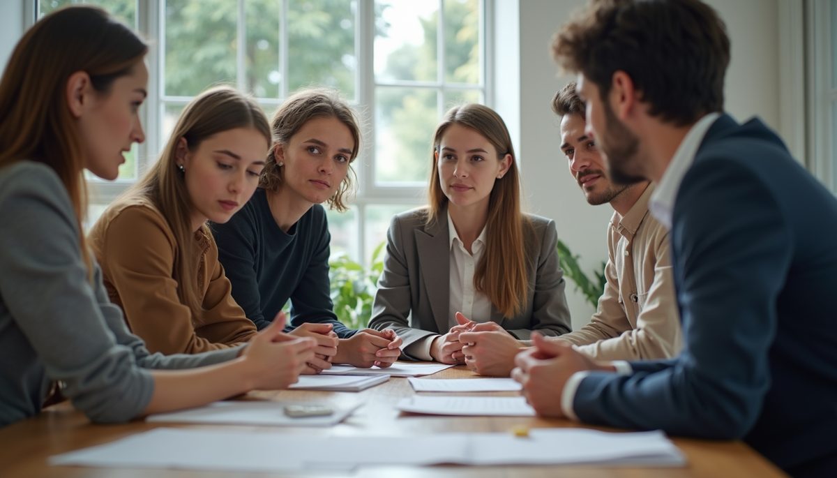 Eye-level view of a diverse team discussing their goals