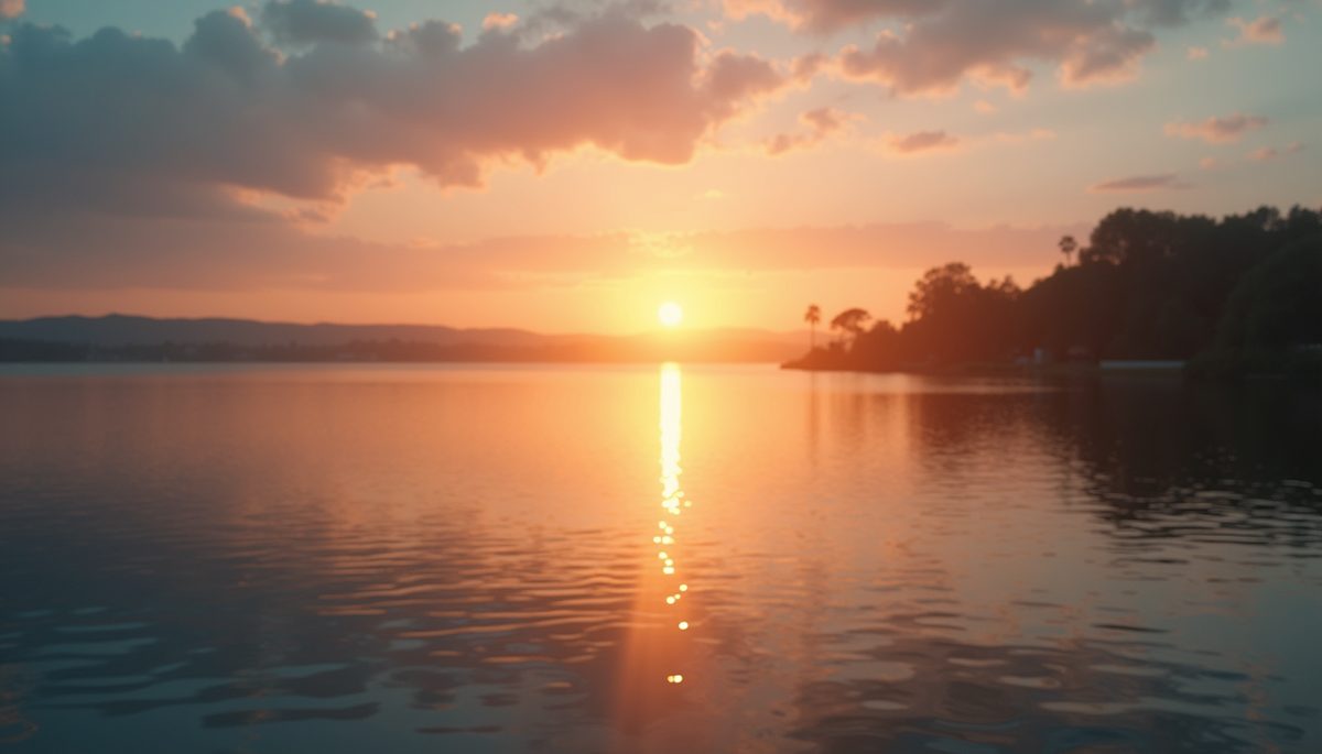 Wide angle view of a peaceful sunrise over calm water