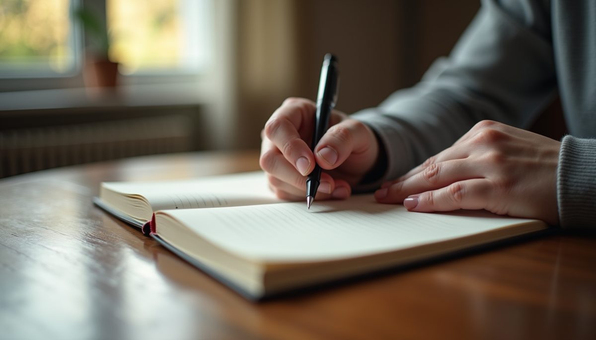 Eye-level view of a person writing in a journal with a calm background