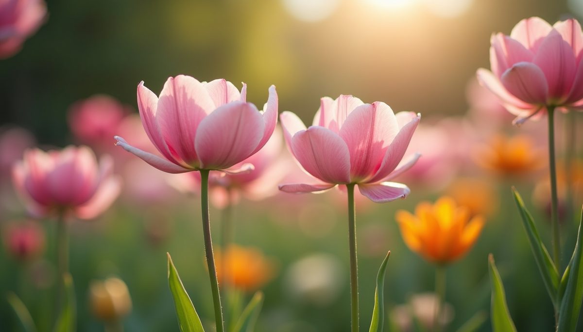 Wide angle view of a blooming garden in spring