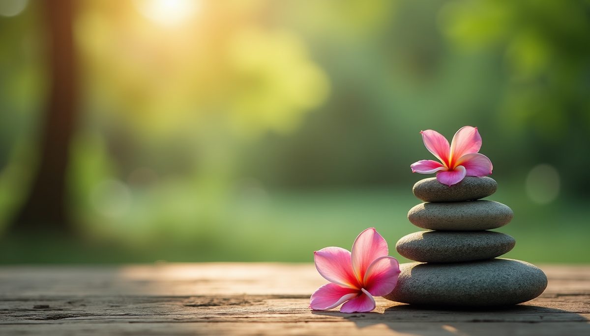 Close-up view of a peaceful meditation area with flowers