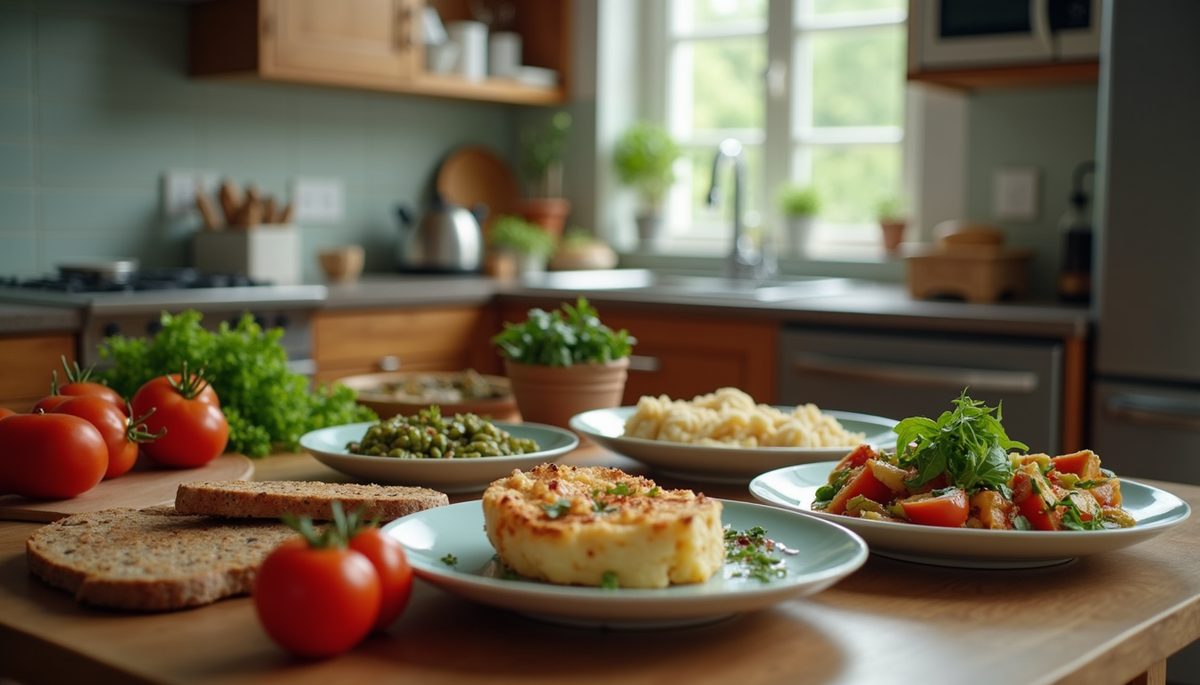 Wide angle view of a kitchen with healthy meals prepared