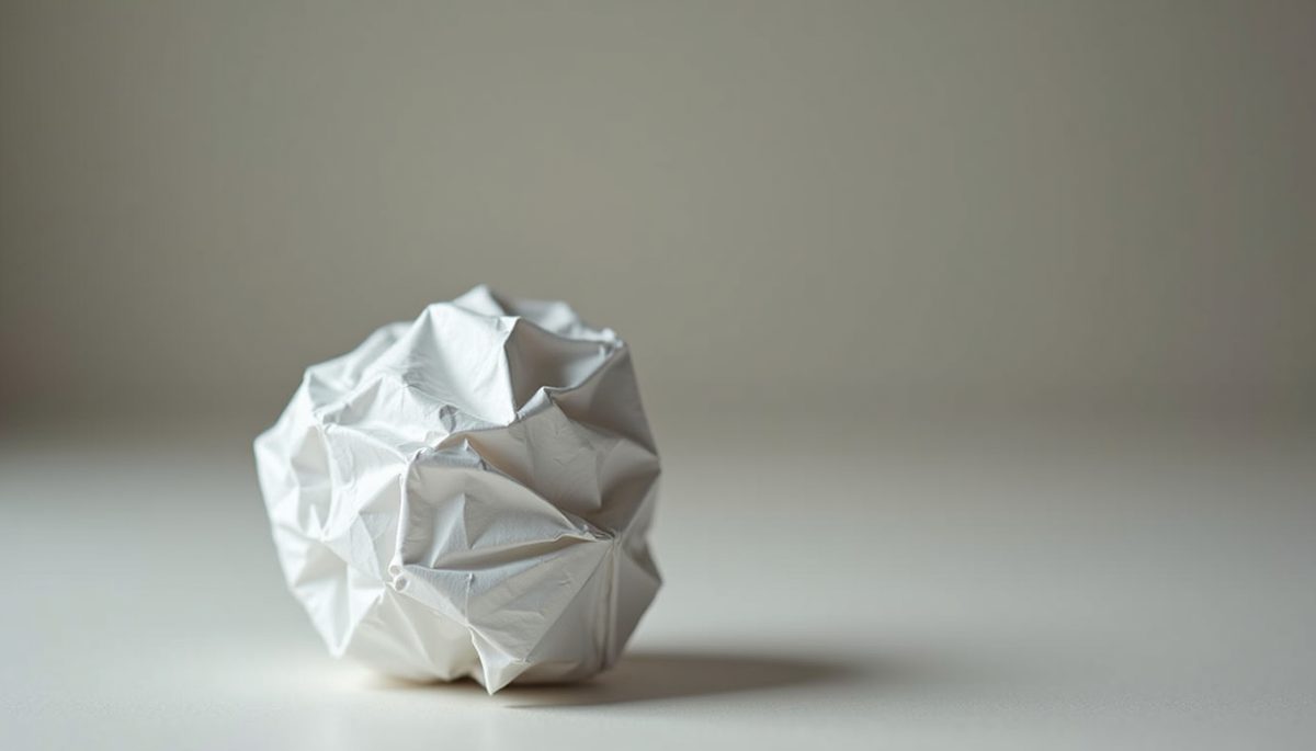 Close-up view of a crumpled paper ball symbolizing frustration
