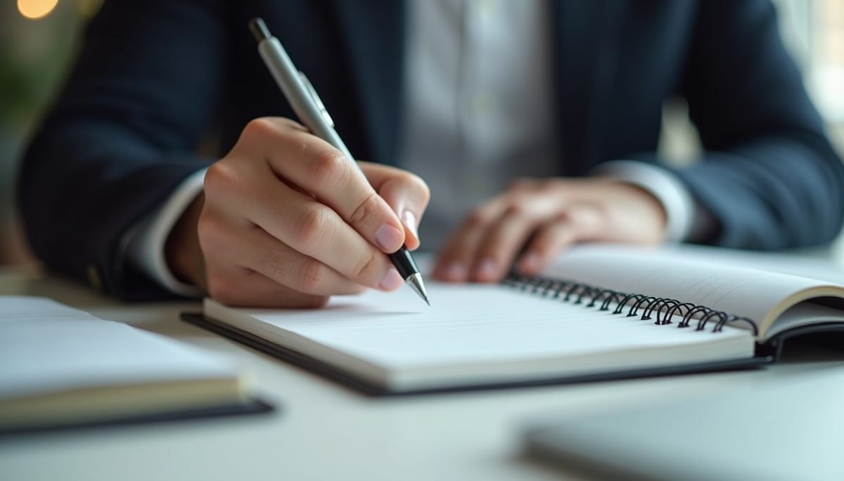 Close-up view of a hand writing in a notebook with a pen on a desk