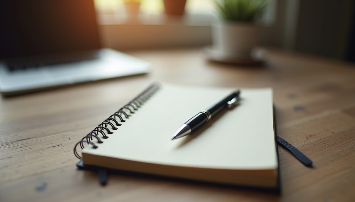 Eye-level view of a journal and pen on a wooden desk