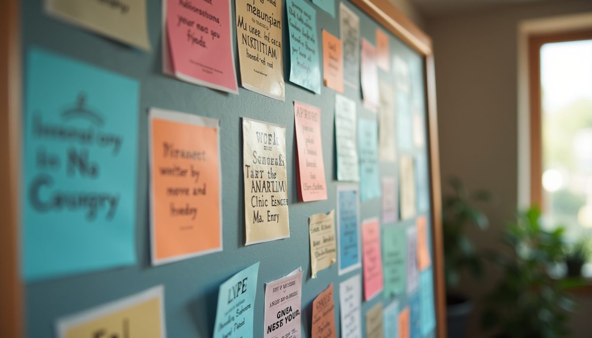 Eye-level view of a vision board with colorful images and motivational words