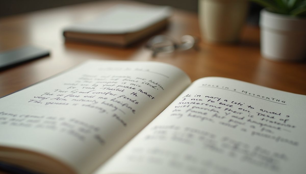 Eye-level view of a gratitude journal with written thoughts