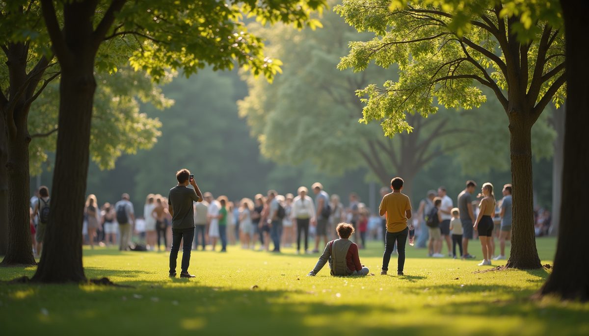 Eye-level view of tranquil social gathering in a park