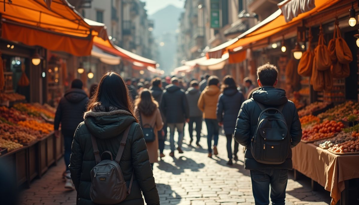 Close-up view of a vibrant social market filled with people exchanging ideas