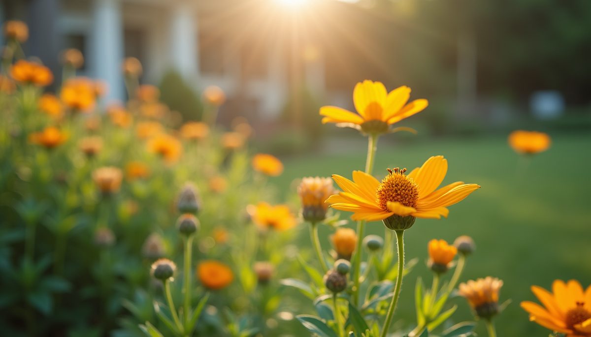 Eye-level view of a peaceful garden with blooming flowers