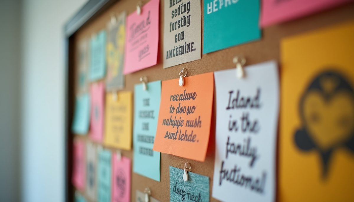 Close-up view of a colorful vision board with inspirational images and quotes