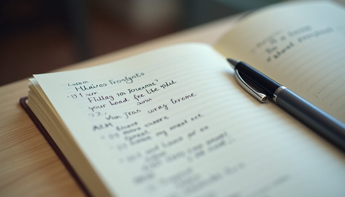 Eye-level view of a journal with handwritten goals and a pen