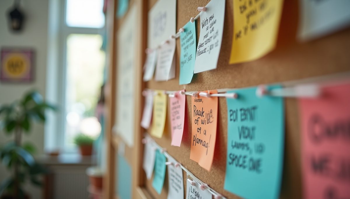 Close-up view of a vision board with colorful images and motivational quotes