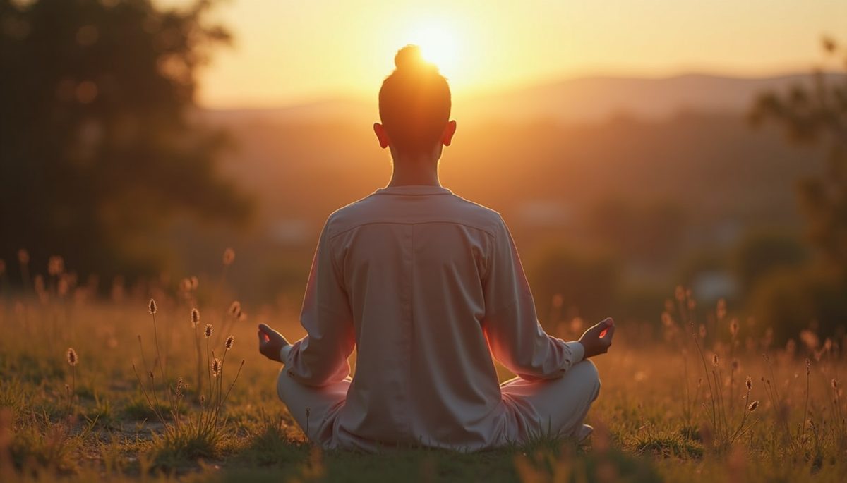 Close-up view of a person meditating in a serene outdoor setting