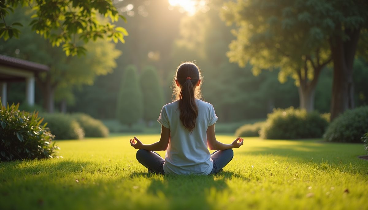 Eye-level view of a person meditating in a peaceful garden