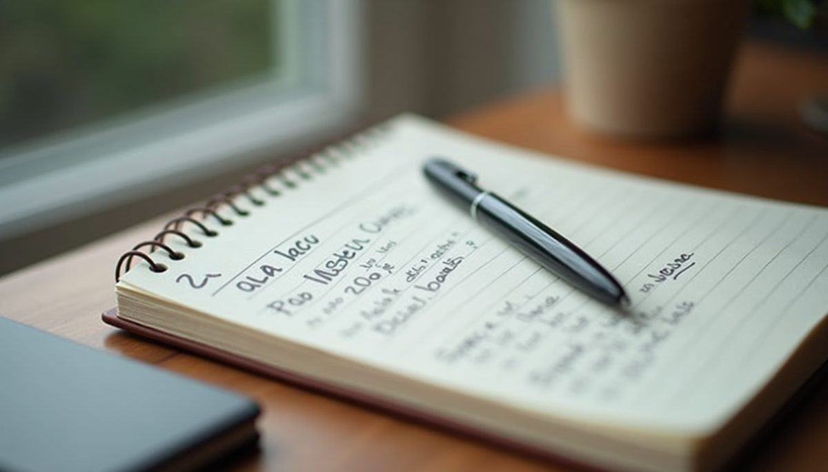 Eye-level view of a journal with handwritten goals and a pen