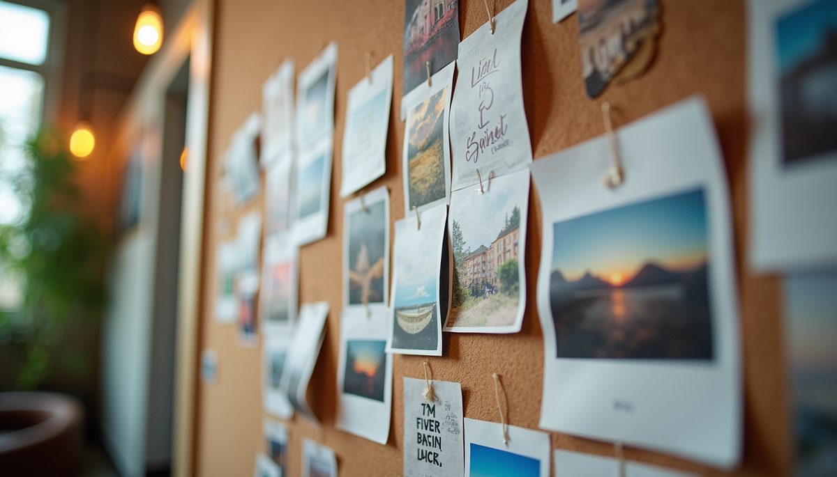 Eye-level view of a vision board filled with colorful images and motivational quotes