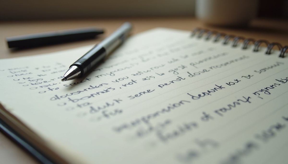 Eye-level view of a journal with handwritten goals and a pen