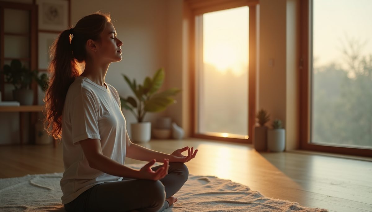 Close-up view of a person meditating with eyes closed in a peaceful room