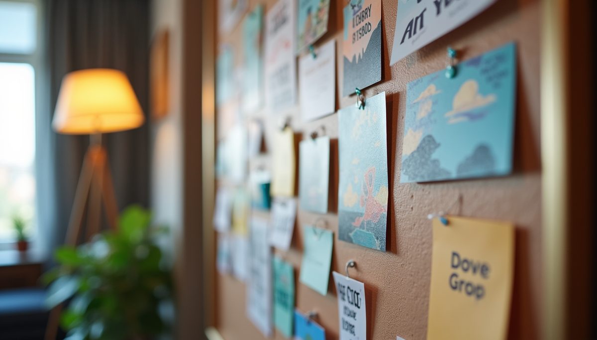 Eye-level view of a vision board filled with colorful images and motivational quotes