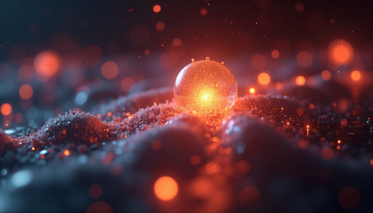 Close-up view of a glowing quantum particle model