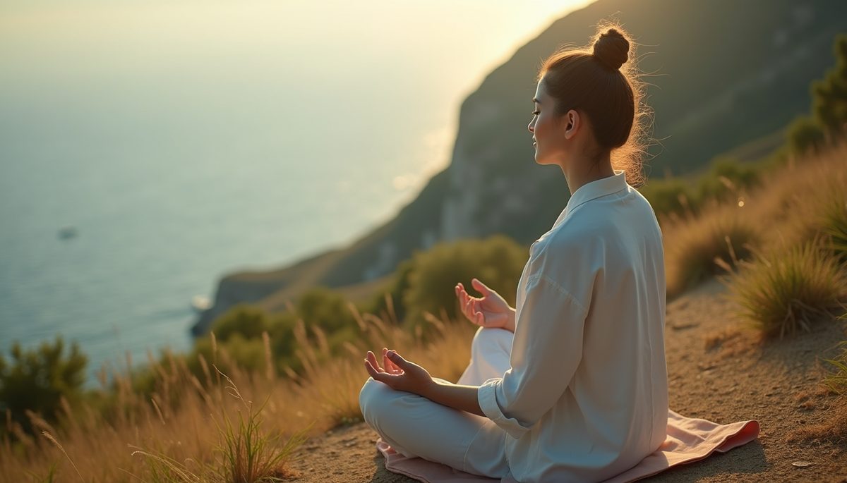 High angle view of a person meditating outdoors