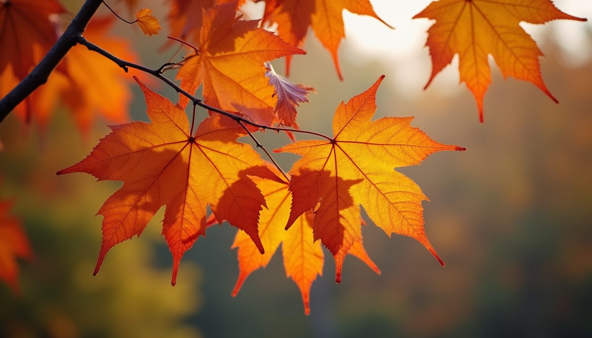 Close-up view of colorful autumn leaves on a tree branch