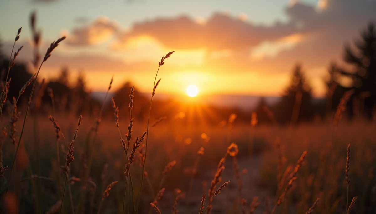 Eye-level view of a serene landscape with a sunset