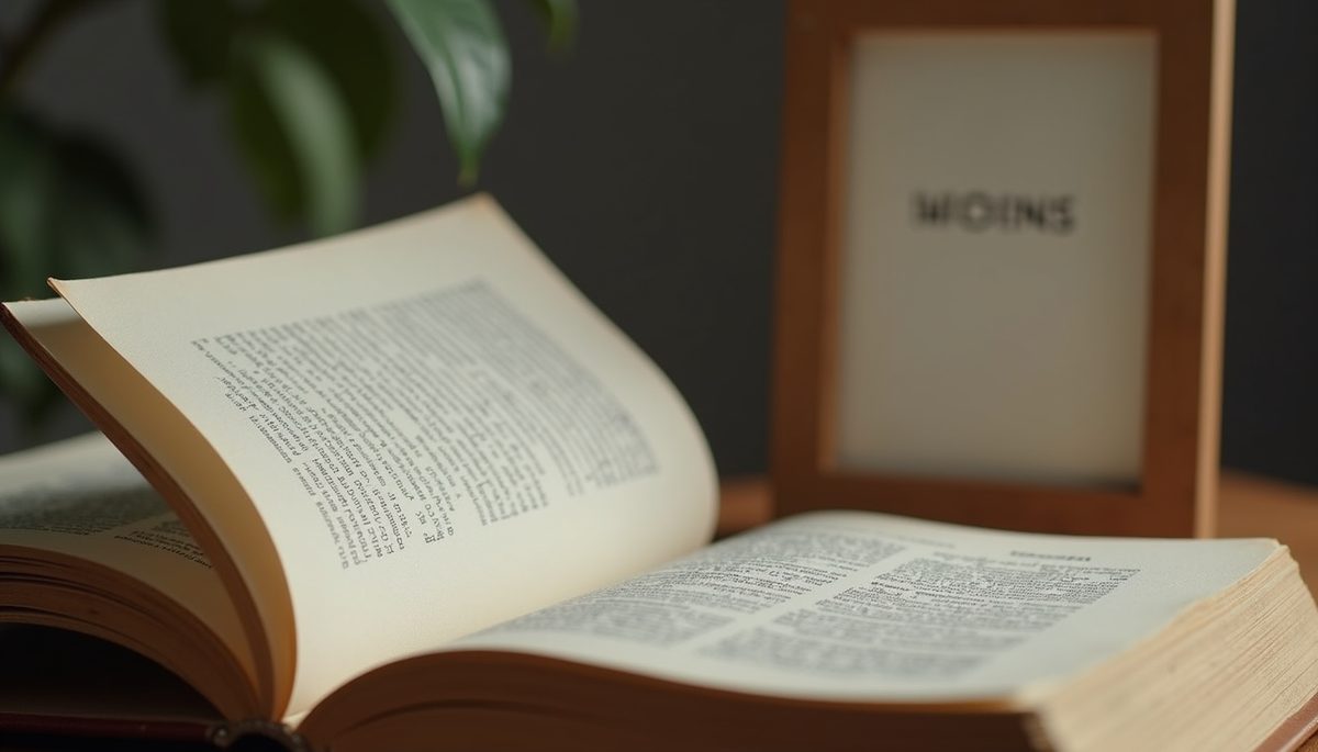 Close-up view of an open book with a vision board beside it