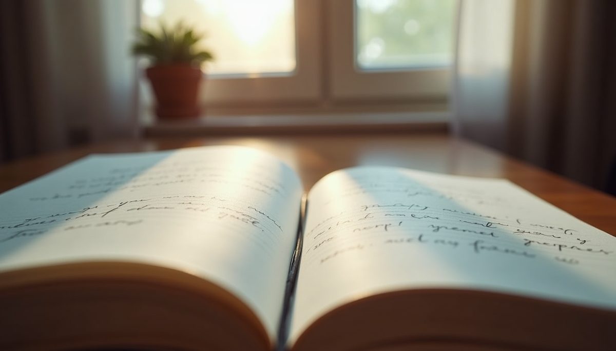 Eye-level view of an open journal with affirmations written in it