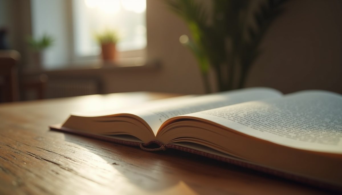 Close-up view of an open journal on a wooden table