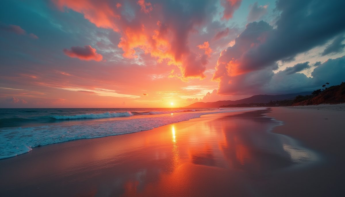 Eye-level view of a vibrant sunset over a tranquil beach