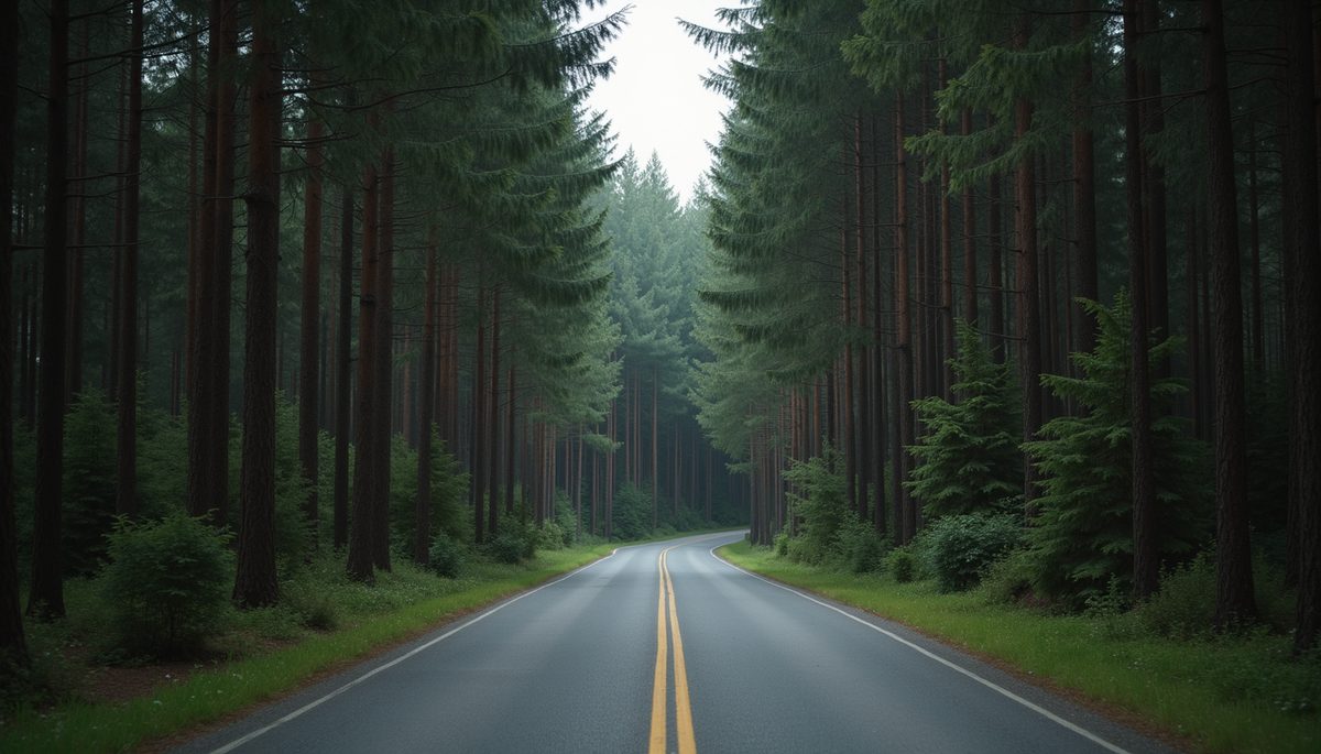 High angle view of a quiet road surrounded by tall trees