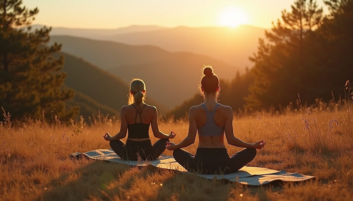 High angle view of a yoga class in nature