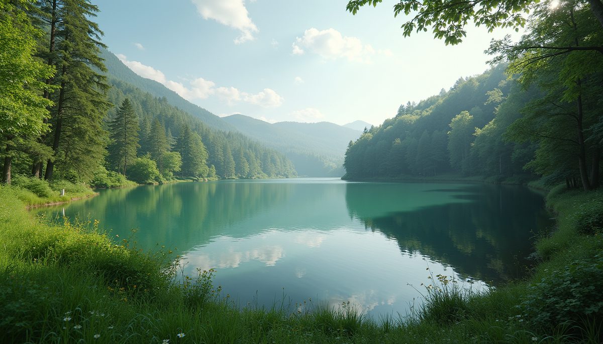 Wide angle view of a tranquil lake surrounded by lush greenery