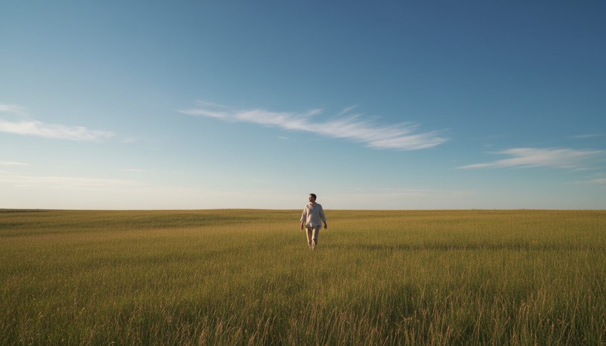 Wide-angle view of a person walking alone through a peaceful field under a bright sky.