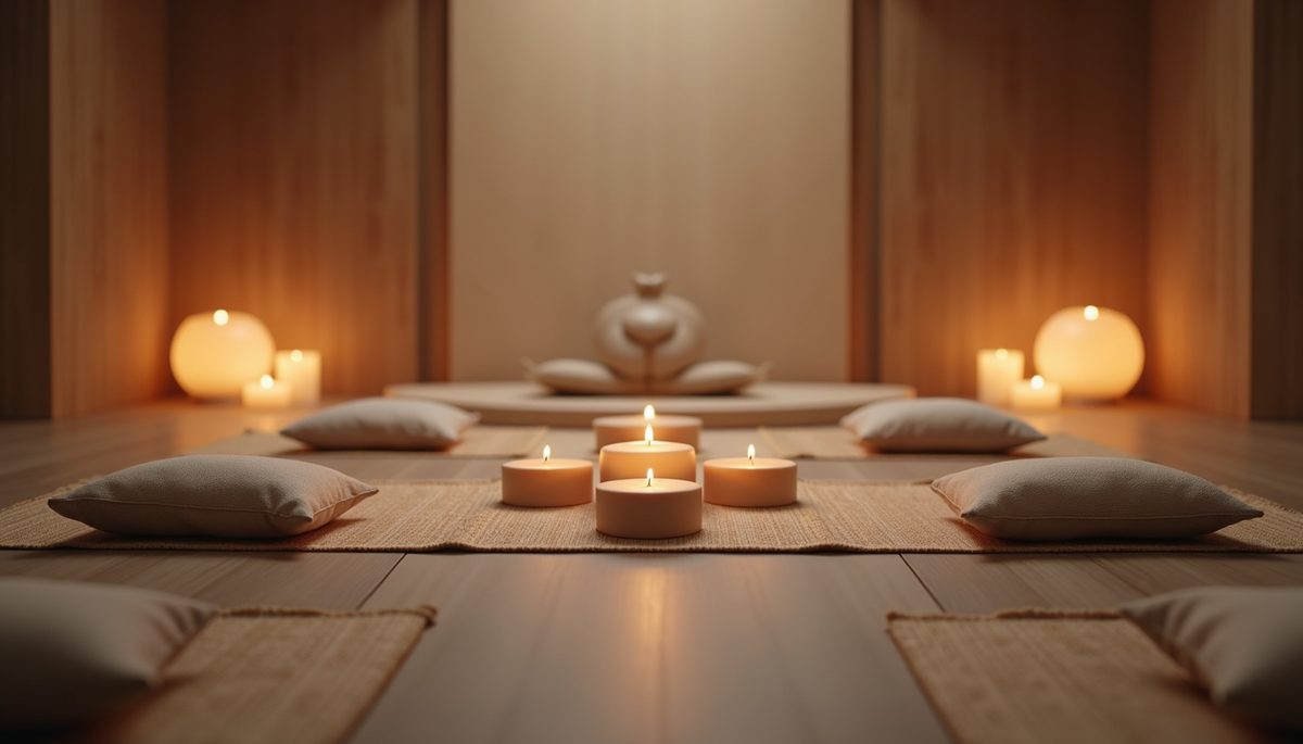 Eye-level view of a tranquil meditation space with candles and cushions