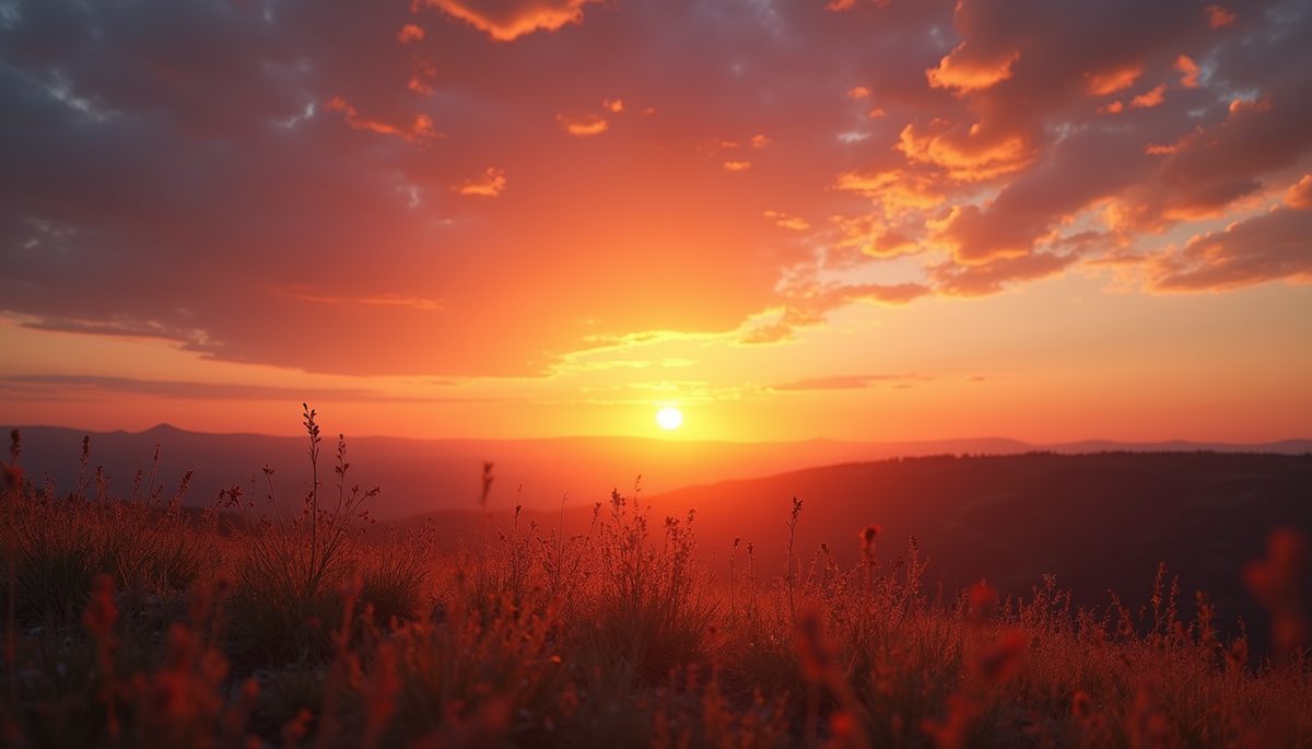 Wide angle view of a vibrant sunset over a tranquil landscape
