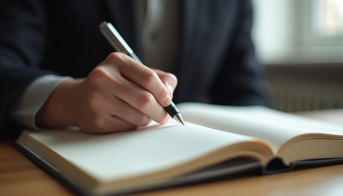 Close-up view of a person writing in a journal