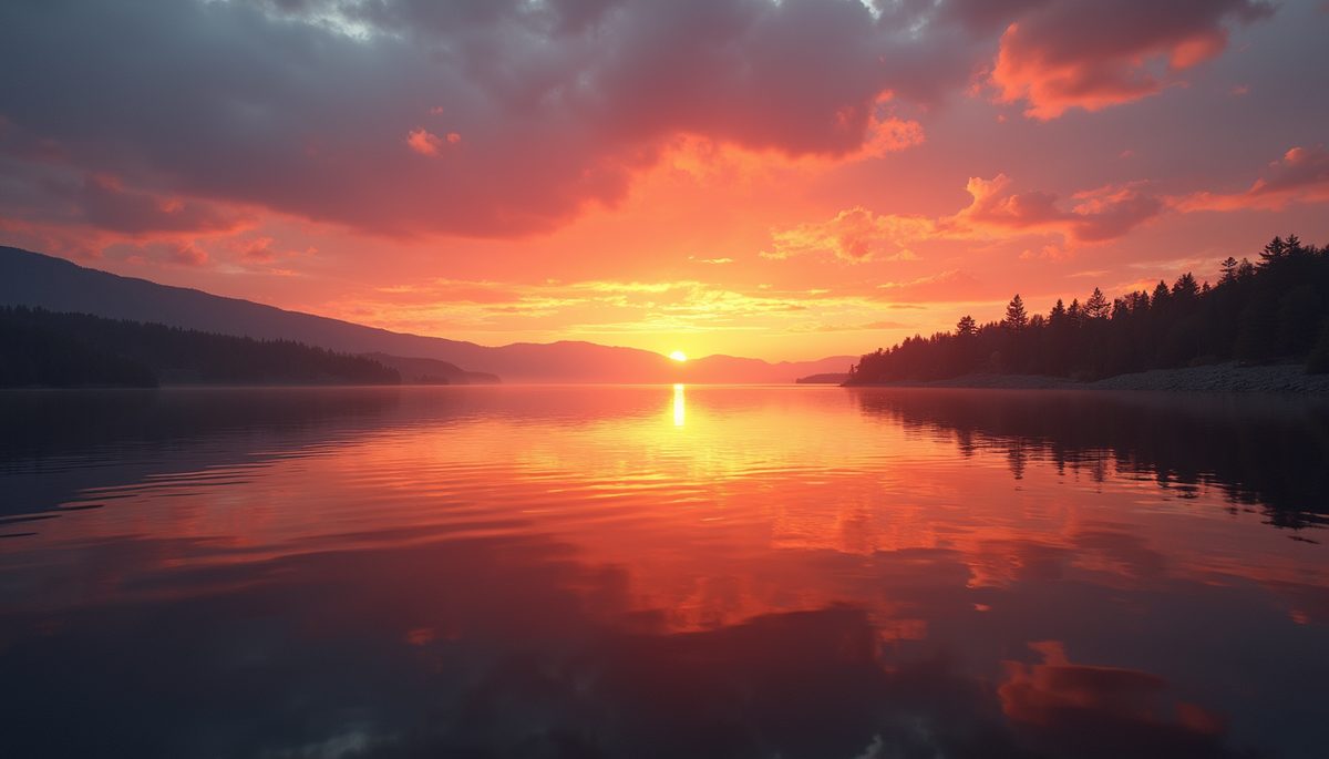 Wide angle view of a vibrant sunset over a calm lake