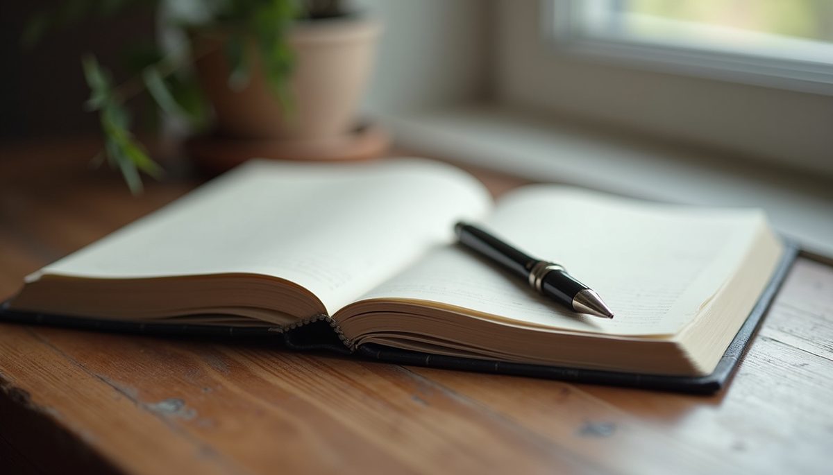 Close-up view of an open journal with a pen on a wooden table