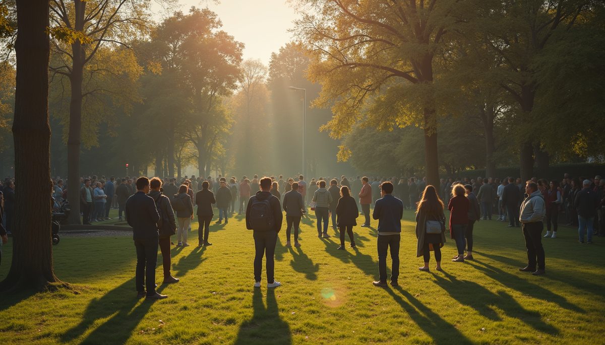 High-angle view of a community gathering in a park