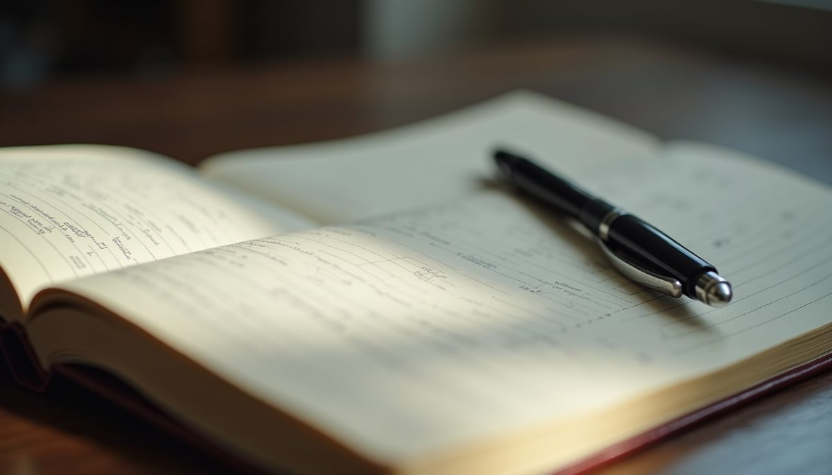 Close-up view of open journal with a pen beside it