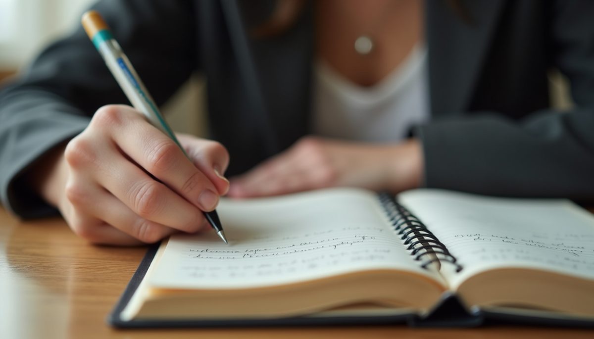 Close-up view of a person writing affirmations in a journal