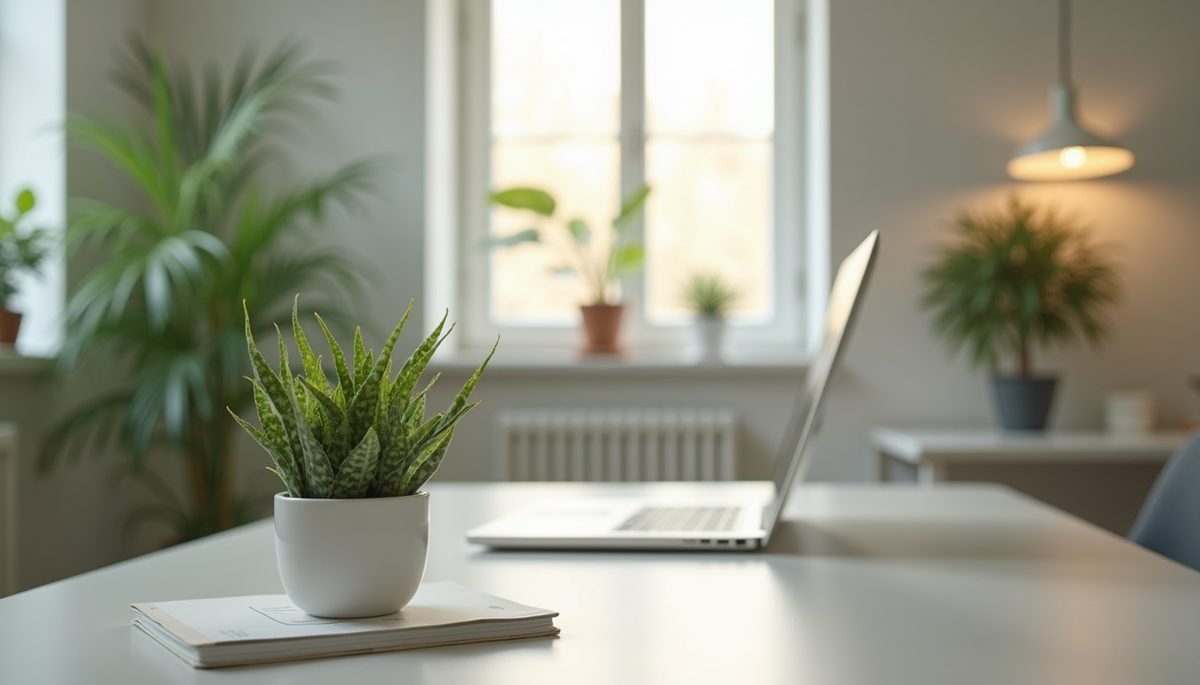 Wide angle view of tranquil workspace with motivational plant