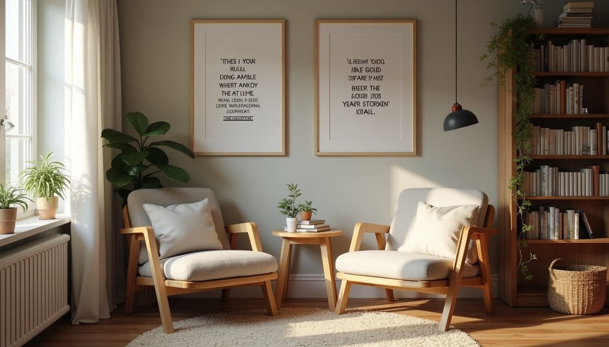Eye-level view of cozy reading corner with motivational quotes
