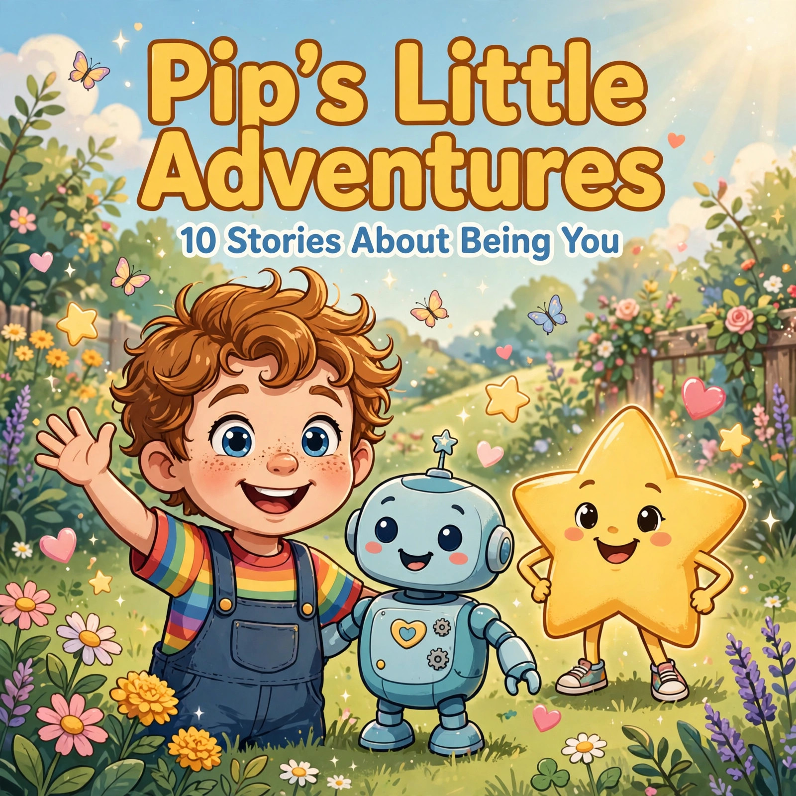 Pip's Little Adventures cover — Pip waving with his friends Beep the robot and Twinkle the star
